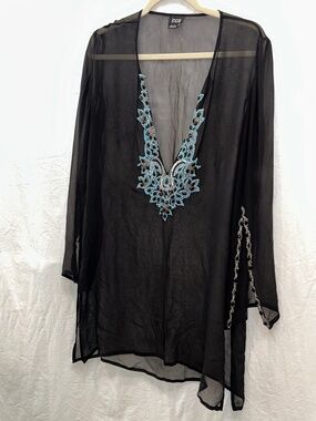 Inca 100% silk turquoise heavily beaded semi sheer tunic cover up top M